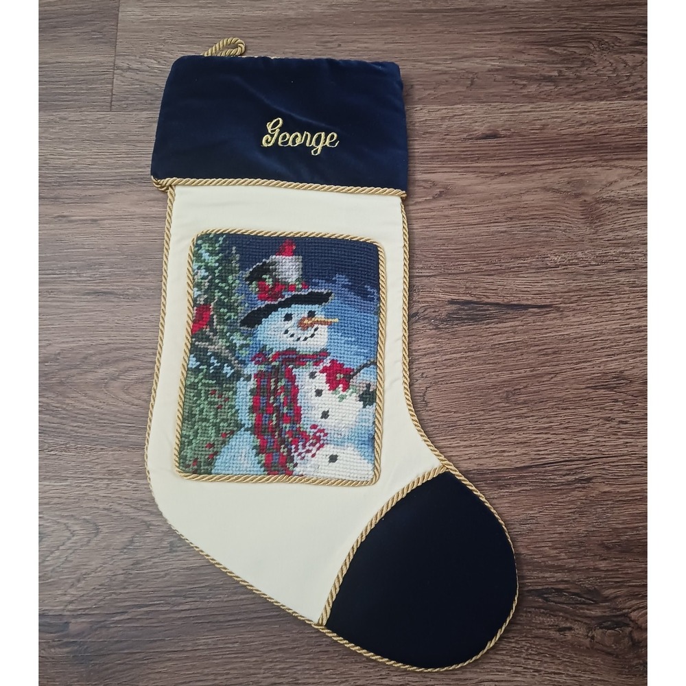 Lillian Vernon 17" George Christmas Stocking Needlepoint Snowman Velvet